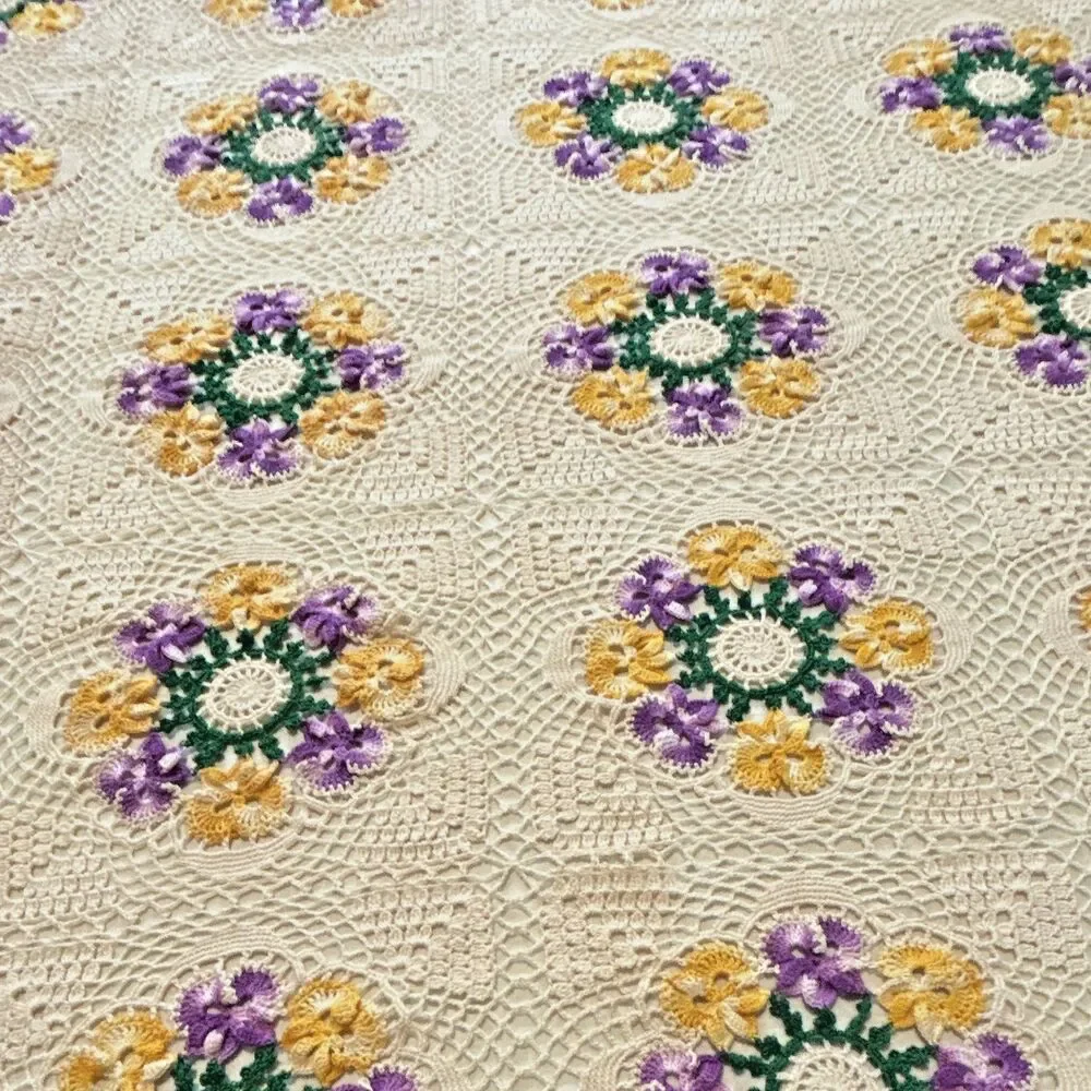 Vint Handmade Crochet Granny Square Bedspread Blanket Floral Purple Gold 82x62